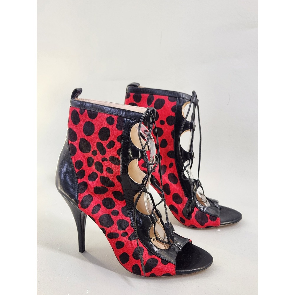 Isa Tapia Lace Up Ankle Boots Women 39 Red Leopard Calf Hair Good Open Toe Heel